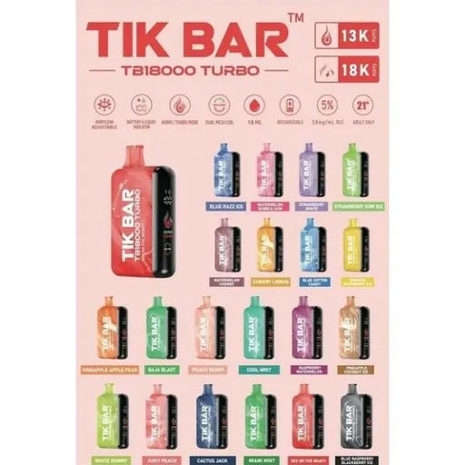 Best Deal TIK BAR TB18000 Turbo Rechargeable Disposable Vape 18mL 5 Pack