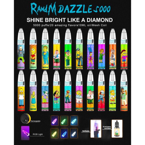 RandM Dazzle 5000 Puffs Rechargeable Vape Disposable 10mL 10 Pack Best Flavors